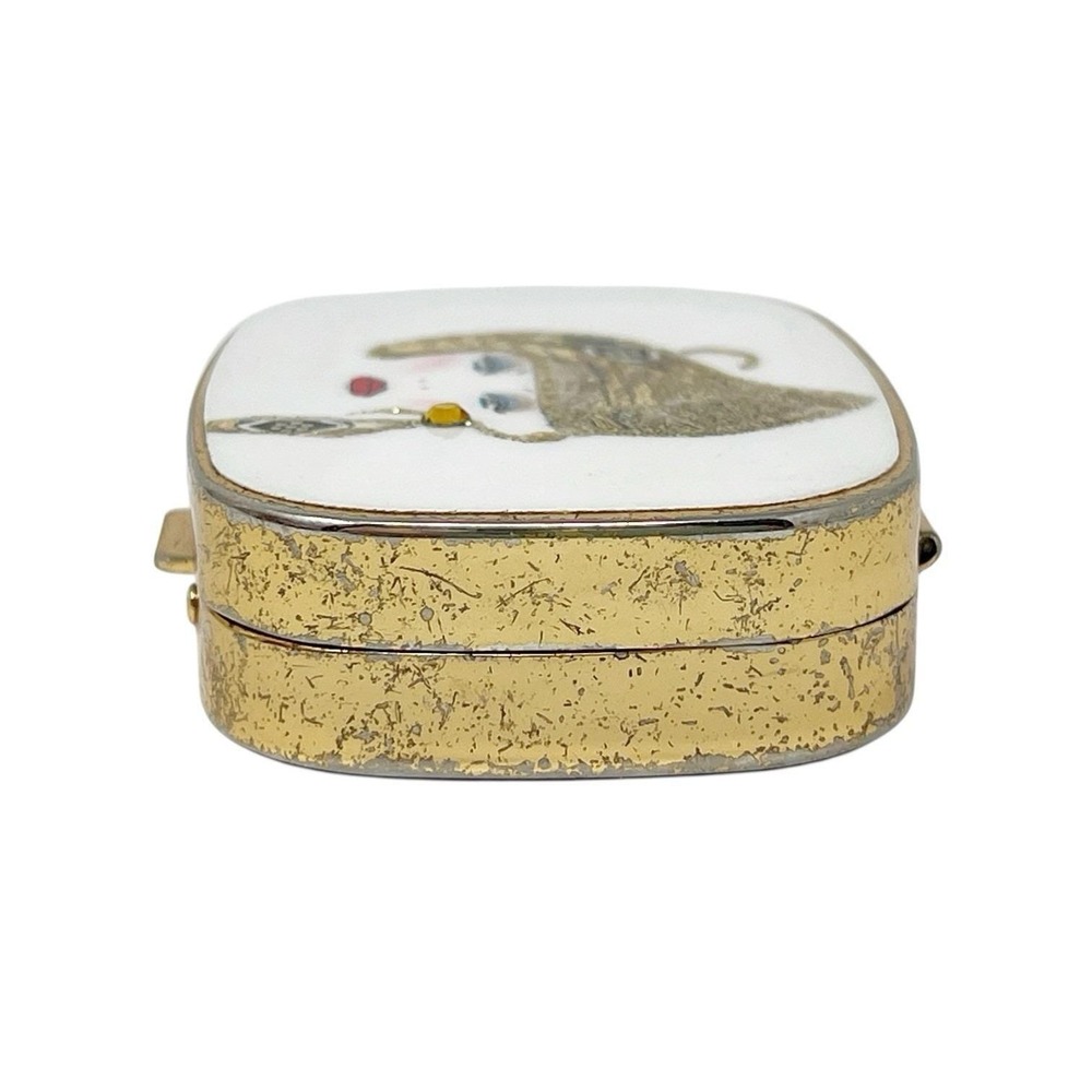 Vintage Embellished Woman Travel Pillbox 3 Compartments Gold Tone Easy Open - Picture 3 of 7